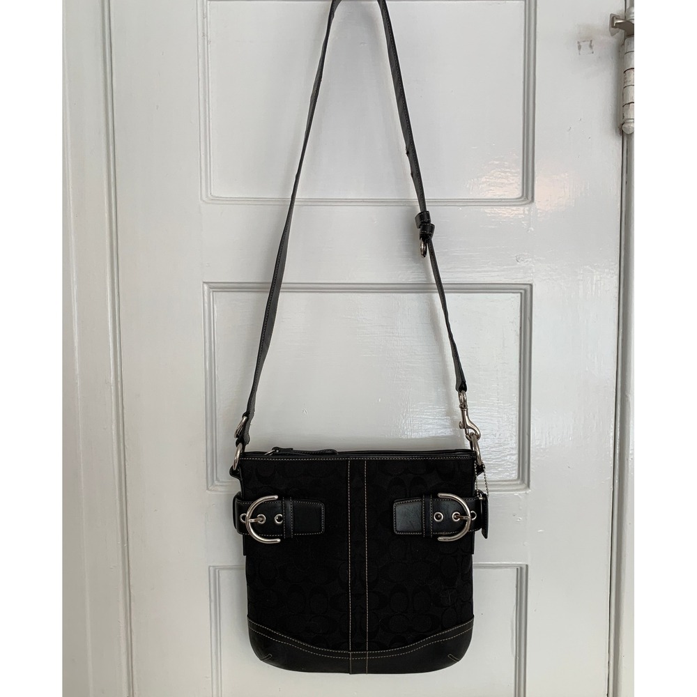 Vintage Coach Black Monogram Canvas Soho Duffle Shoulder Bag Silver Buckles - Picture 4 of 16